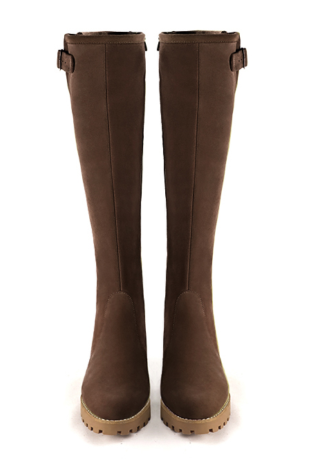 Chocolate brown women's knee-high boots with buckles.. Made to measure. Top view - Florence KOOIJMAN